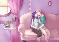 Size: 1024x721 | Tagged: safe, artist:demdoodles, fluttershy, rarity, human, g4, female, holding hands, humanized, kissing, lesbian, ship:flarity, shipping
