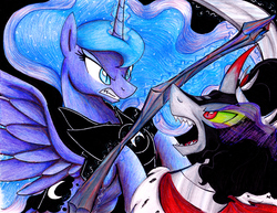 Size: 4384x3386 | Tagged: safe, artist:pitterpaint, king sombra, princess luna, fall of the crystal empire, g4, fight, nightmare luna, traditional art