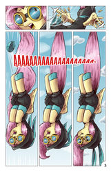 Size: 1393x2167 | Tagged: safe, artist:saturdaymorningproj, fluttershy, pegasus, pony, comic:angelic flutterboom, g4, bunny ears, clothes, comic, dangerous mission outfit, eyes closed, falling, feather, female, goggles, hoodie, mare, open mouth, screaming, solo, wide eyes, wing cramp