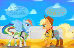 Size: 899x582 | Tagged: safe, artist:kreatingmagic, applejack, rainbow dash, g4, buzz lightyear, clothes, crossover, dialogue, helmet, male, toy story, woody