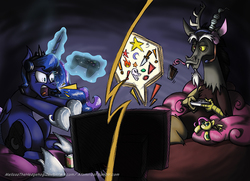 Size: 790x572 | Tagged: safe, artist:melissathehedgehog, discord, fluttershy, princess luna, gamer luna, g4, angry, chocolate milk, controller, headset, magic, plushie, video game, yelling