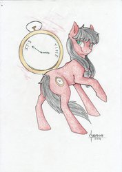 Size: 1024x1448 | Tagged: safe, artist:thelionmedal, oc, oc only, oc:macdolia, earth pony, pony, pigtails, pocket watch, solo, traditional art