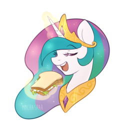 Size: 800x800 | Tagged: dead source, safe, artist:mochaspar, princess celestia, g4, eating, eyes closed, female, levitation, magic, open mouth, sandwich, solo, telekinesis