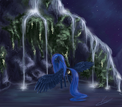 Size: 4000x3500 | Tagged: safe, artist:luvvandra, princess luna, g4, big ears, female, night, solo, spread wings, waterfall, wet mane