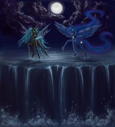 Size: 2000x2200 | Tagged: safe, artist:luvvandra, princess luna, queen chrysalis, alicorn, changeling, changeling queen, pony, g4, chest fluff, fangs, female, high res, moon, waterfall