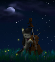Size: 1032x1162 | Tagged: safe, artist:tttimon, octavia melody, earth pony, firefly (insect), insect, pony, g4, bipedal, bow (instrument), cello, cello bow, crying, female, mare, musical instrument, night, solo