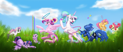 Size: 1280x549 | Tagged: safe, artist:kp-shadowsquirrel, artist:tttimon, apple bloom, princess cadance, princess celestia, princess luna, scootaloo, spike, sweetie belle, twilight sparkle, alicorn, pony, g4, female, mare, twilight sparkle (alicorn)