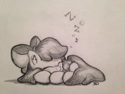 Size: 3264x2448 | Tagged: safe, artist:bobdude0, apple bloom, earth pony, pony, g4, adorabloom, cute, daaaaaaaaaaaw, eyes closed, female, filly, foal, high res, prone, sleeping, smiling, solo, traditional art, zzz