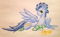 Size: 1024x643 | Tagged: safe, artist:bay-breeze, soarin', g4, backwards cutie mark, blushing, clothes, male, old cutie mark, on side, prone, socks, solo, striped socks, traditional art