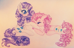 Size: 800x520 | Tagged: safe, artist:xxsharpixx, pinkie pie, rarity, g4, female, kissing, lesbian, ship:raripie, shipping, traditional art