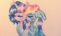 Size: 2592x1552 | Tagged: safe, artist:xxsharpixx, rainbow dash, twilight sparkle, g4, cheek kiss, female, kissing, lesbian, ship:twidash, shipping, traditional art