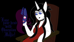 Size: 1024x576 | Tagged: safe, artist:thelordofdust, oc, oc only, oc:maneia, oc:nocturna, unicorn, anthro, chair, clothes, disembodied head, dress, fanfic, human facial structure, megalomaneia, obsession is magic, smiling