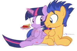 Size: 900x600 | Tagged: safe, artist:dm29, flash sentry, twilight sparkle, alicorn, pony, g4, cute, eating, feeding, female, food, fork, lying, magic, male, mare, on back, pie, ship:flashlight, shipping, simple background, smiling, straight, transparent background, twilight sparkle (alicorn)