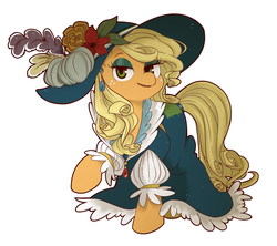 Size: 1280x1137 | Tagged: safe, artist:うめぐる, applejack, earth pony, pony, g4, magical mystery cure, alternate hairstyle, clothes, dress, female, hat, loose hair, mare, puffy sleeves, simple background, solo, white background