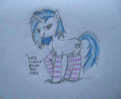 Size: 1024x836 | Tagged: safe, artist:blueboxdave, dj pon-3, vinyl scratch, g4, bedroom eyes, clothes, female, socks, solo, traditional art