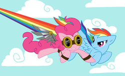 Size: 800x484 | Tagged: safe, artist:f2u-mlp-vectors, pinkie pie, rainbow dash, earth pony, pegasus, pony, g4, artificial wings, augmented, cloud, cloudy, day, flying, goggles, mechanical wing, sky, wings
