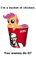 Size: 379x638 | Tagged: safe, scootaloo, chicken, pegasus, pony, g4, bucket, bucket of chicken, cup of pony, expiration date, female, filly, image macro, innuendo, kfc, meme, scootachicken, solo, team fortress 2, text