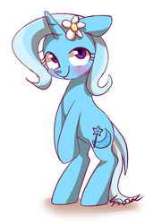 Size: 500x729 | Tagged: safe, artist:sion, trixie, pony, g4, bipedal, blushing, cute, diatrixes, female, flower, flower in hair, simple background, solo