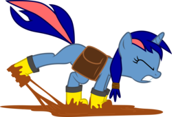 Size: 3384x2298 | Tagged: safe, artist:forgotten-remnant, oc, oc only, oc:ryo, pony, unicorn, boots, eyes closed, galoshes, high res, mud, saddle bag, simple background, solo, stuck, transparent background