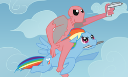 Size: 1000x600 | Tagged: safe, color edit, edit, rainbow dash, human, g4, deadpool, flying, gun, humans riding ponies, mouth hold, riding, weapon