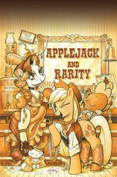 Size: 900x1366 | Tagged: safe, artist:andy price, idw, applejack, opalescence, queen chrysalis, rarity, spike, pony, unicorn, g4, alternate hairstyle, barrel, bartender, bell, boots, card, clothes, cover, dress, garter, idw advertisement, mirror, old west, rope, saloon dress, sepia, shoes, wanted poster, western