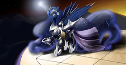 Size: 1900x978 | Tagged: safe, artist:nakijan, princess luna, g4, armor, female, magic, raised hoof, solo, spread wings, stars, sunset