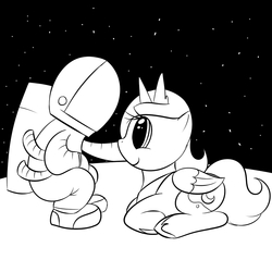 Size: 900x900 | Tagged: safe, artist:kloudmutt, princess luna, alicorn, human, pony, g4, astronaut, luna and the nauts, monochrome, moon, s1 luna, spacesuit, stars