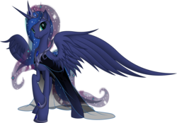 Size: 3922x2722 | Tagged: safe, artist:nemesis360, princess luna, alicorn, pony, g4, clothed ponies, clothes, commission, crown, dress, ethereal mane, ethereal tail, female, high res, hoof shoes, jewelry, large wings, long tail, mare, partially open wings, peytral, raised hoof, regalia, simple background, solo, spread wings, starry mane, starry tail, tail, transparent background, wings