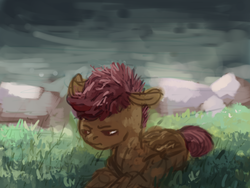 Size: 800x600 | Tagged: dead source, safe, artist:celestiawept, scootaloo, g4, abandoned, female, grass, looking away, lying down, pond, prone, sad, scootalone, scootasad, solo, water
