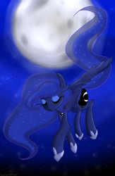 Size: 1024x1566 | Tagged: safe, artist:toptoma, princess luna, g4, eyes closed, female, flying, moon, night, solo, stars