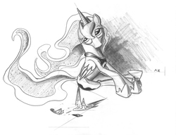 Size: 3317x2550 | Tagged: safe, artist:uminanimu, princess luna, lunadoodle, g4, broken, crown, female, grayscale, high res, looking up, monochrome, sitting, solo, traditional art