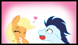 Size: 1813x1047 | Tagged: safe, artist:kasun05, applejack, soarin', g4, apple, cute, eyes closed, female, hatless, heart, jackabetes, male, missing accessory, mouth hold, ship:soarinjack, shipping, silly, straight