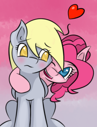 Size: 1000x1300 | Tagged: safe, artist:rengam, derpy hooves, pinkie pie, pegasus, pony, g4, blushing, cute, derpypie, female, heart, lesbian, looking at you, mare, one eye closed, shipping, sitting, underp