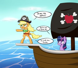 Size: 3000x2600 | Tagged: safe, artist:notenoughapples, applejack, twilight sparkle, earth pony, pony, unicorn, g4, bicorne, bipedal, clothes, female, hat, high res, mare, ocean, pirate, pirate ship, shirt, twilight sparkle is not amused, unamused