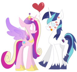 Size: 1024x955 | Tagged: safe, artist:dizzee-toaster, princess cadance, shining armor, g4, blushing, grin, heart, kiss mark, looking away, simple background, tongue out, wavy mouth