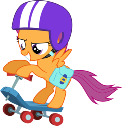 Size: 7146x7336 | Tagged: safe, artist:drewdini, scootaloo, pegasus, pony, g4, .svg available, absurd resolution, bipedal, female, filly, grin, gritted teeth, helmet, looking down, saddle bag, scooter, simple background, smiling, solo, teeth, transparent background, vector