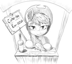 Size: 1000x895 | Tagged: safe, artist:rallerae, applejack, g4, bottle, bronybait, concession stand, female, grayscale, kissing booth, looking at you, monochrome, prices, smirk, solo