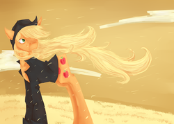 Size: 2800x2000 | Tagged: safe, artist:mokychan, applejack, g4, clothes, cowboy hat, female, hat, high res, looking back, shirt, solo, windswept mane