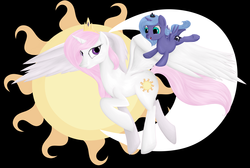 Size: 7000x4700 | Tagged: safe, artist:nemo-kenway, princess celestia, princess luna, g4, absurd resolution, black background, filly, looking at you, moon, pink-mane celestia, simple background, sun, woona, younger