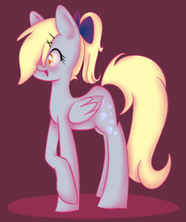 Size: 637x757 | Tagged: safe, artist:mokychan, derpy hooves, g4, blushing, female, hair bow, hair over one eye, open mouth, ponytail, smiling, solo, younger