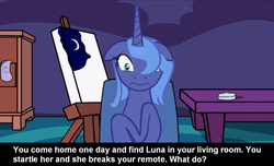 Size: 1600x973 | Tagged: source needed, safe, princess luna, alicorn, pony, g4, bronybait, caption, cs captions, drawer, female, floppy ears, mare, painting, s1 luna, sock, solo, startled, text, what do