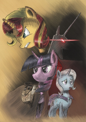 Size: 2480x3508 | Tagged: safe, artist:plainoasis, sunset shimmer, trixie, twilight sparkle, alicorn, pony, unicorn, g4, alicorn amulet, cape, clothes, counterparts, frown, glare, gritted teeth, high res, magical trio, open mouth, saddle bag, scroll, serious, twilight sparkle (alicorn), twilight's counterparts, worried