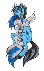 Size: 1199x1920 | Tagged: safe, artist:casynuf, oc, oc:sapphire sights, oc:silver lining, pegasus, pony, unicorn, fallout equestria, curved horn, happy, hooves, horn, open mouth, pipbuck, shipping, smiling, snuggling, traditional art