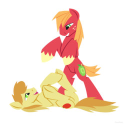Size: 1280x1280 | Tagged: safe, artist:hoverrover, big macintosh, braeburn, earth pony, pony, g4, colored hooves, hooves, legs in air, lineless, lying down, male, on back, open mouth, simple background, smiling, stallion, teeth, transparent background