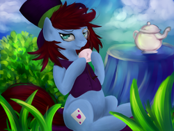 Size: 1024x768 | Tagged: safe, artist:anuhanele, artist:szopwmeloniku, oc, oc only, bedroom eyes, card, clothes, collaboration, cup, digital art, fluffy, glass, hat, hoof hold, jug, lord, sitting, smiling, smirk, solo, table, tea, teacup, teapot, top hat
