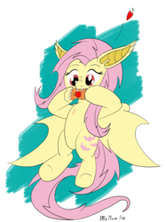 Size: 2309x3103 | Tagged: safe, artist:mcnum, fluttershy, g4, biting, fangs, female, flutterbat, high res, juice box, solo, spread wings