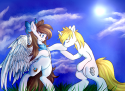 Size: 1024x744 | Tagged: safe, artist:szopwmeloniku, oc, oc only, pegasus, pony, unicorn, bipedal, digital art, kissing