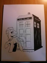 Size: 768x1024 | Tagged: safe, artist:brendahickey, doctor whooves, time turner, g4, black and white, doctor who, grayscale, male, necktie, solo, tardis, the doctor, traditional art