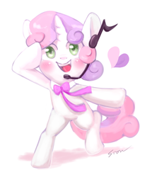 Size: 930x1080 | Tagged: safe, artist:sion, sweetie belle, pony, g4, bipedal, female, happy, headset, microphone, open mouth, singing, smiling, solo