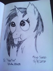 Size: 774x1032 | Tagged: safe, artist:mane-shaker, dj pon-3, vinyl scratch, g4, background pony, female, looking up, monochrome, solo, tongue out, traditional art